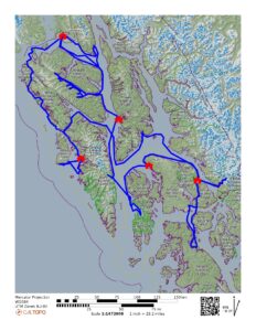 A map illustrating the route for a 13-day tour through seldom-seen parts of Southeast Alaska, showcasing key destinations and the tour itinerary.